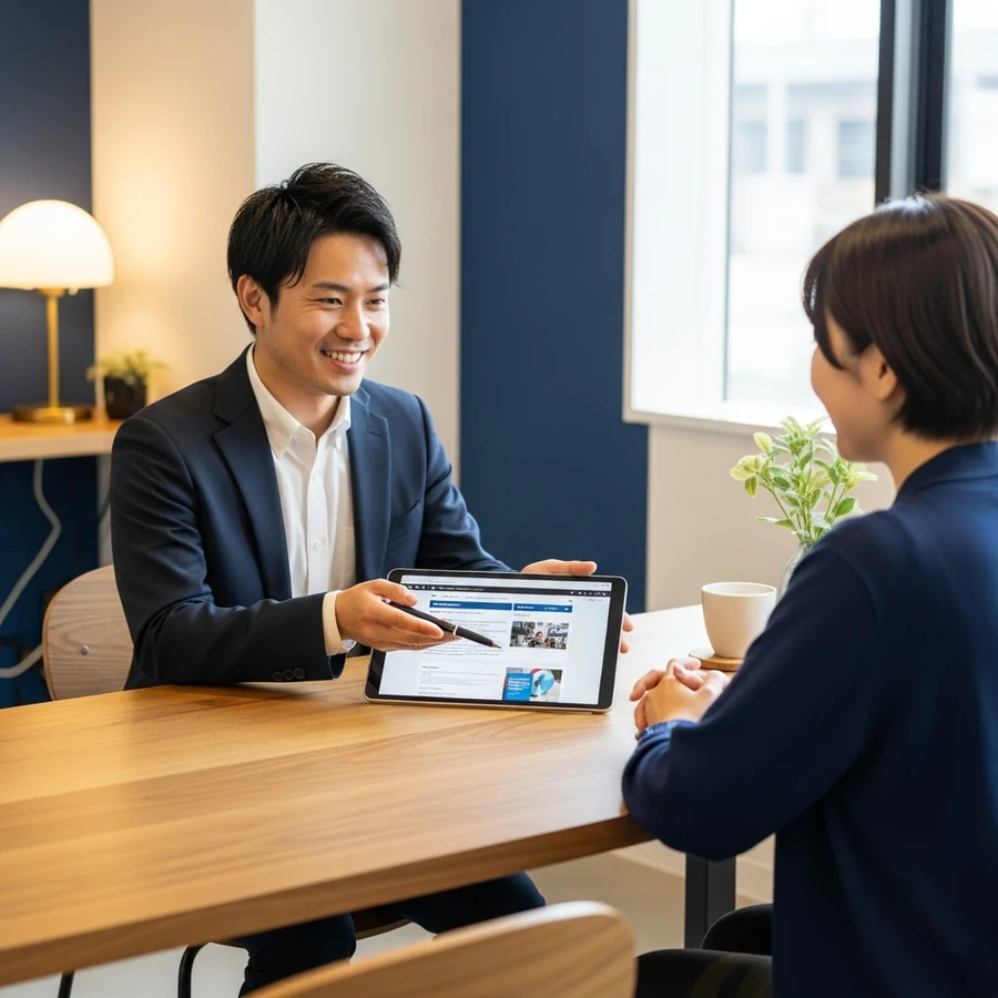 タブレットの画面を見ながら向かい合って相談する人たちのイメージ